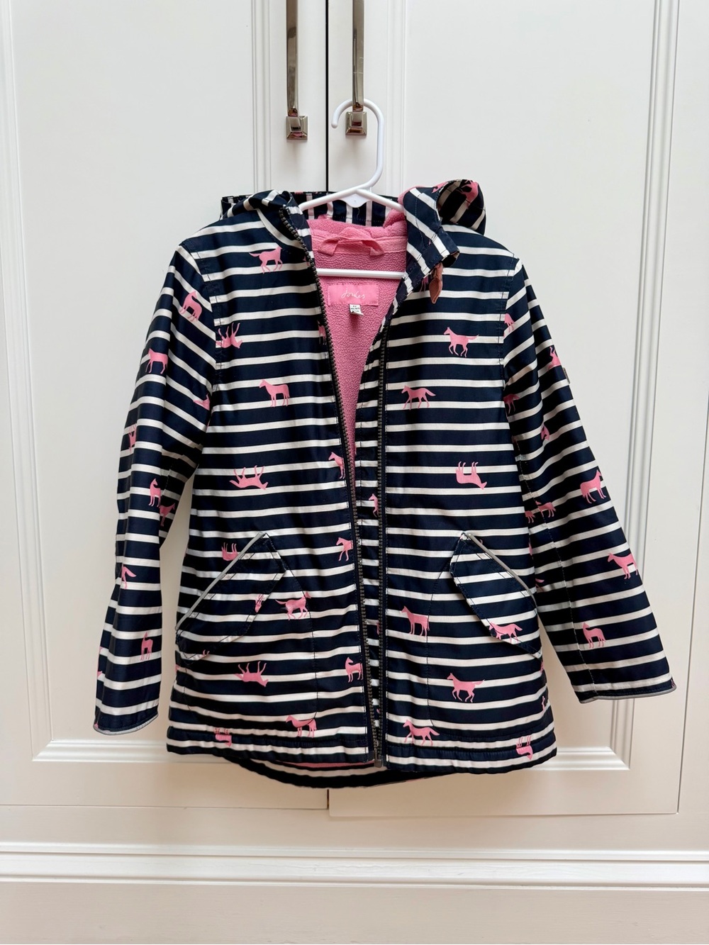 Joules Girls 6Y Navy Stripe Pink Horse Print Fleece Lined Hooded Raincoat
